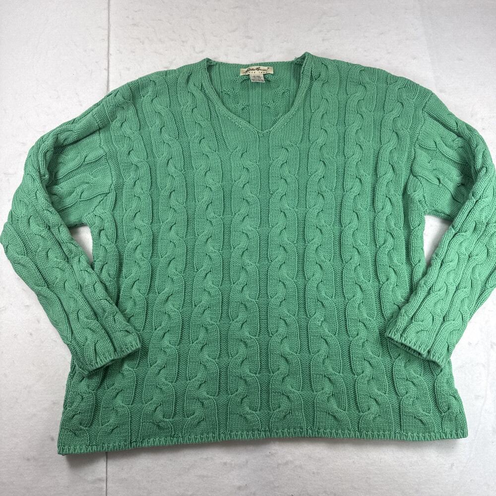 Vtg 90s Eddie Bauer Kelly Green Ribbed Sweater V Neck Women XL Cotton Shaker